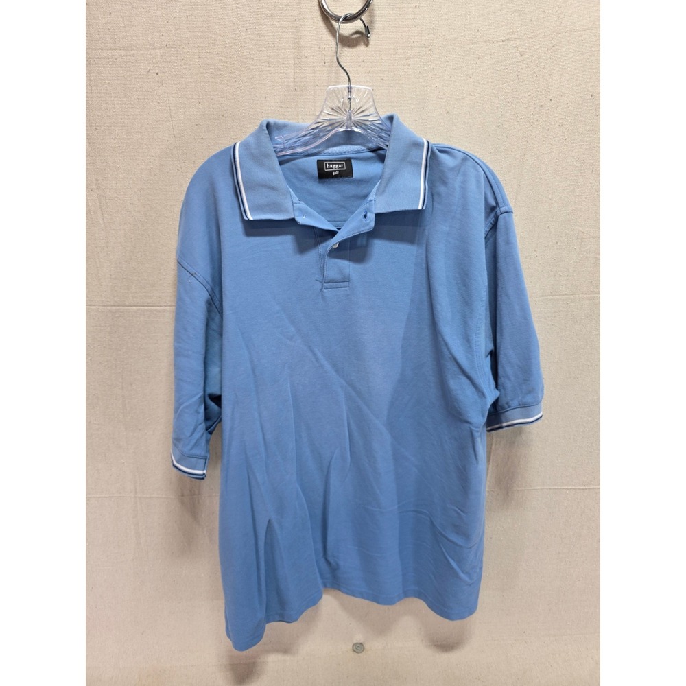 Haggar Golf Mens Blue Pique Knit Short Sleeve Polo Shirt Size XL Tipped Collar